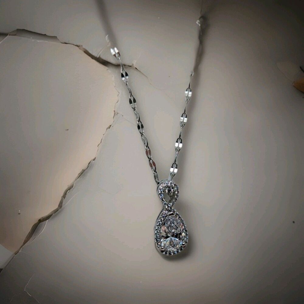 Sterling Silver Rhodium Plated Clear Pear Shaped Cubic Zirconia Pendant Necklace